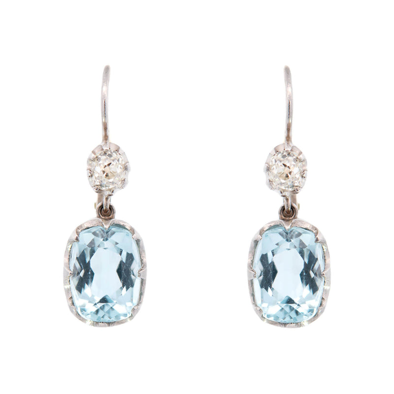 Art Deco 14k/Platinum Aquamarine + Diamond Earrings