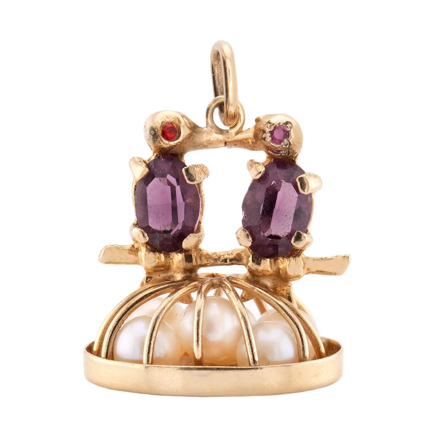 Retro 14k Garnet, Pearl, & Ruby Kissing Birds Pendant/Charm