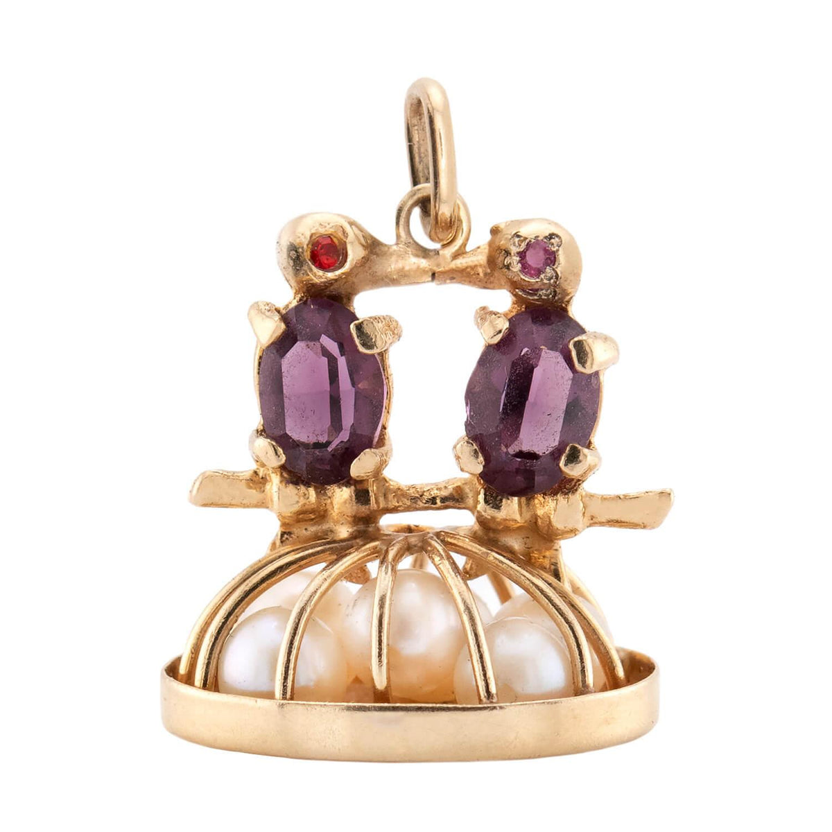 Retro 14k Garnet, Pearl, & Ruby Kissing Birds Pendant/Charm