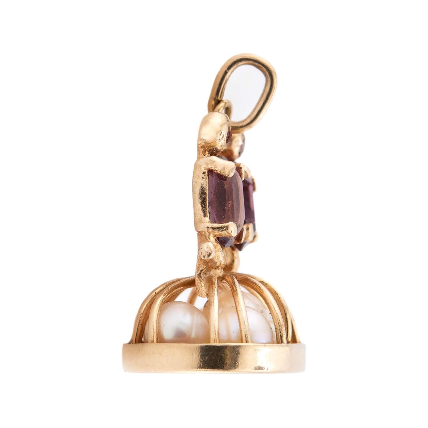 Retro 14k Garnet, Pearl, & Ruby Kissing Birds Pendant/Charm