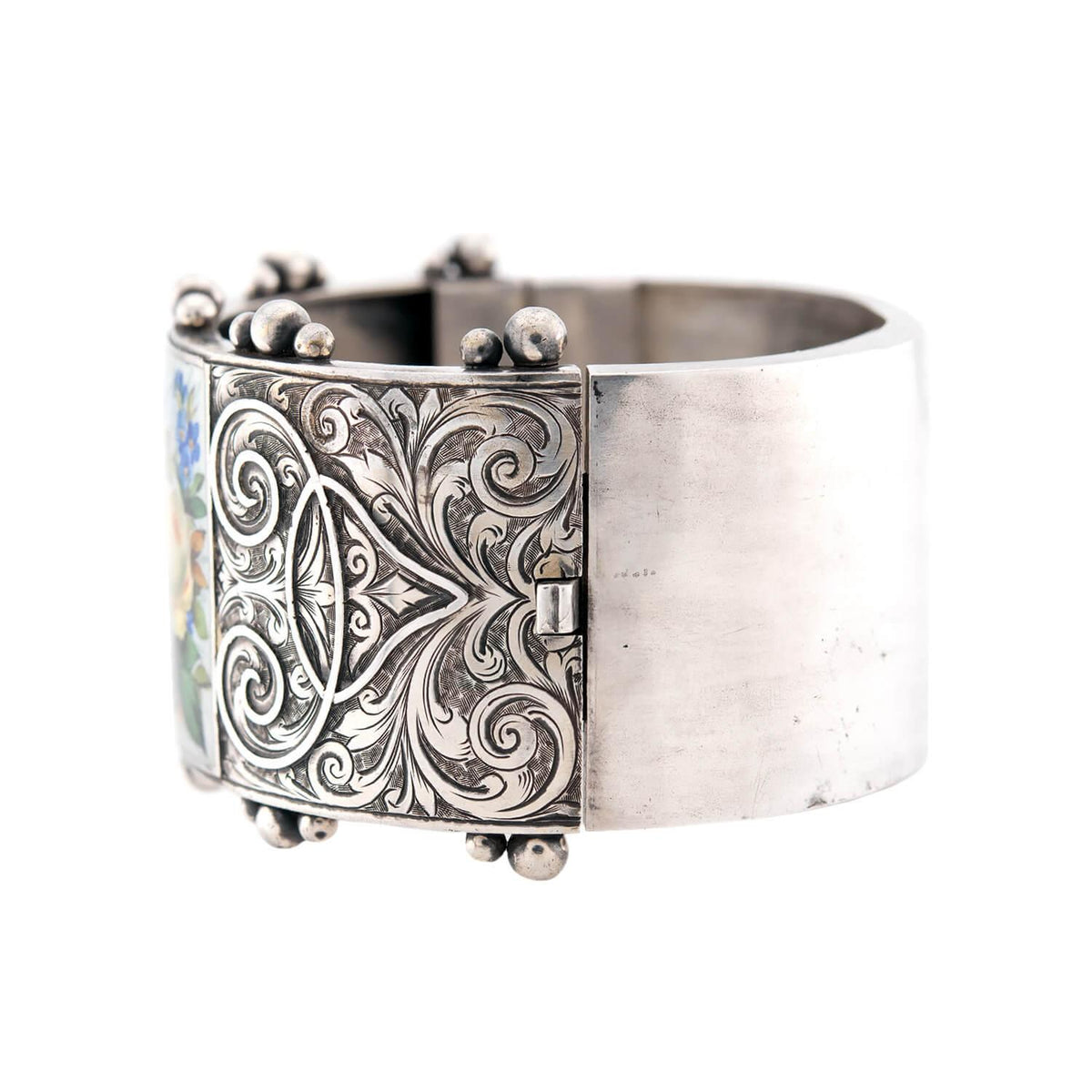 Victorian Sterling Silver Enamel Floral Motif Bangle