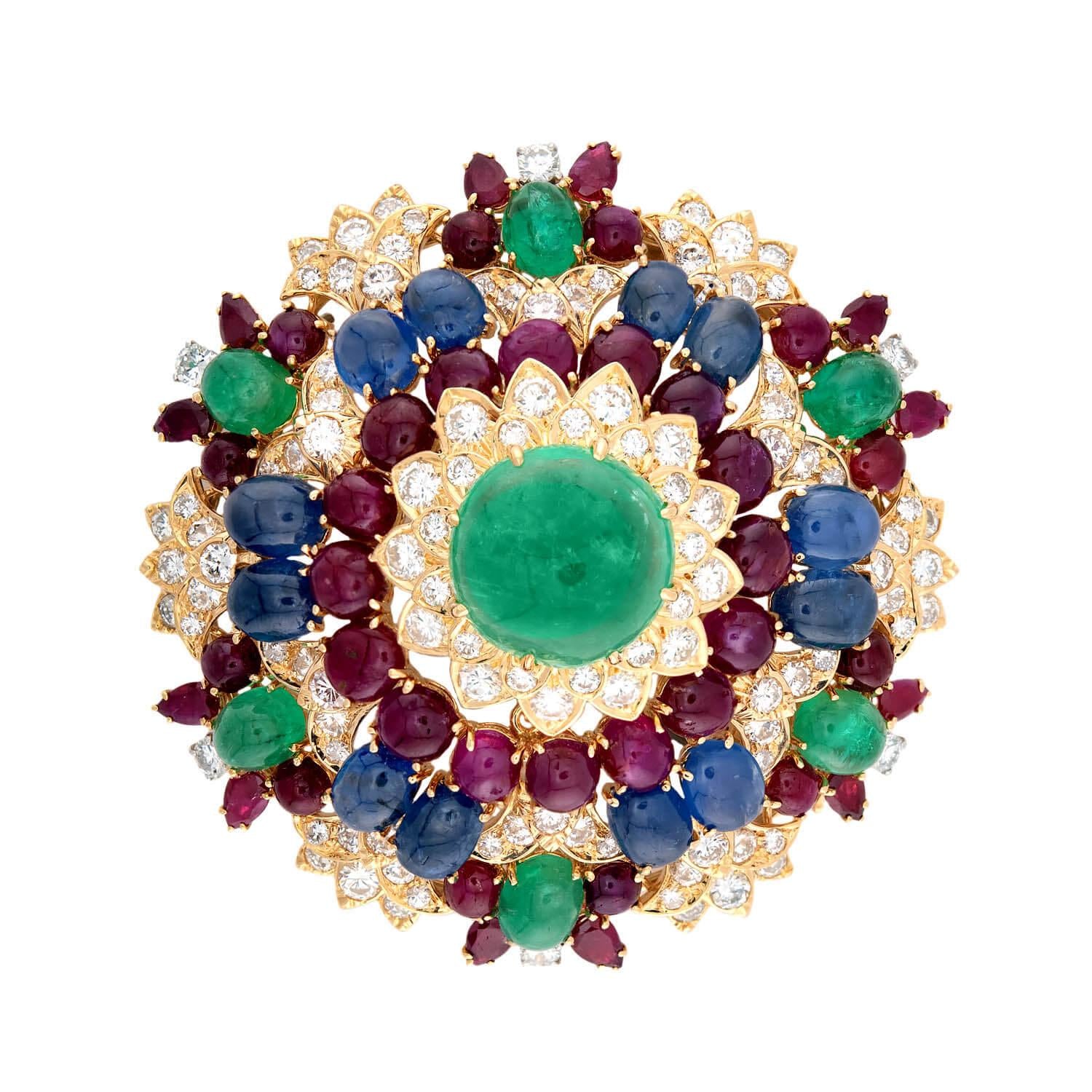 DAVID WEBB Estate 18k Emerald, Diamond, Sapphire, and Ruby Starburst Brooch