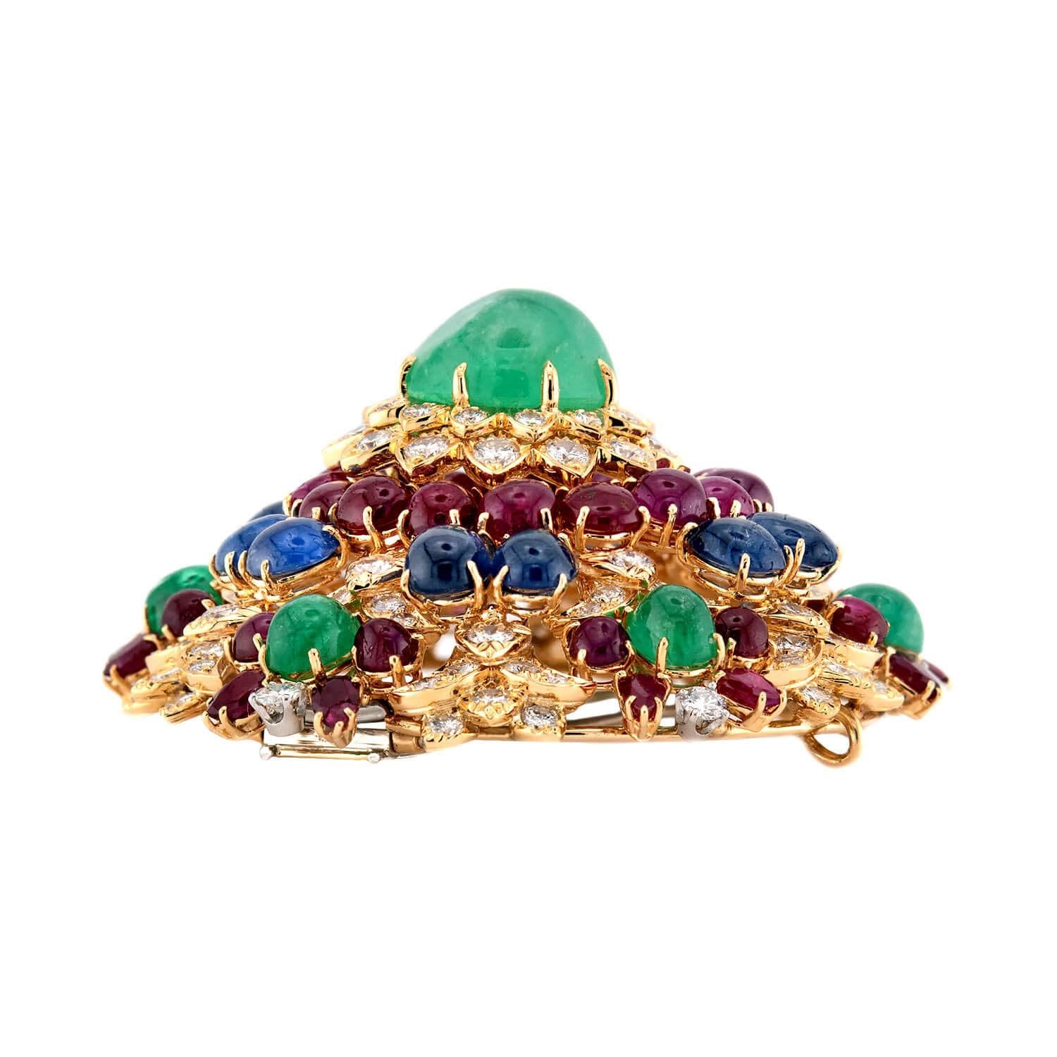 DAVID WEBB Estate 18k Emerald, Diamond, Sapphire, and Ruby Starburst Brooch