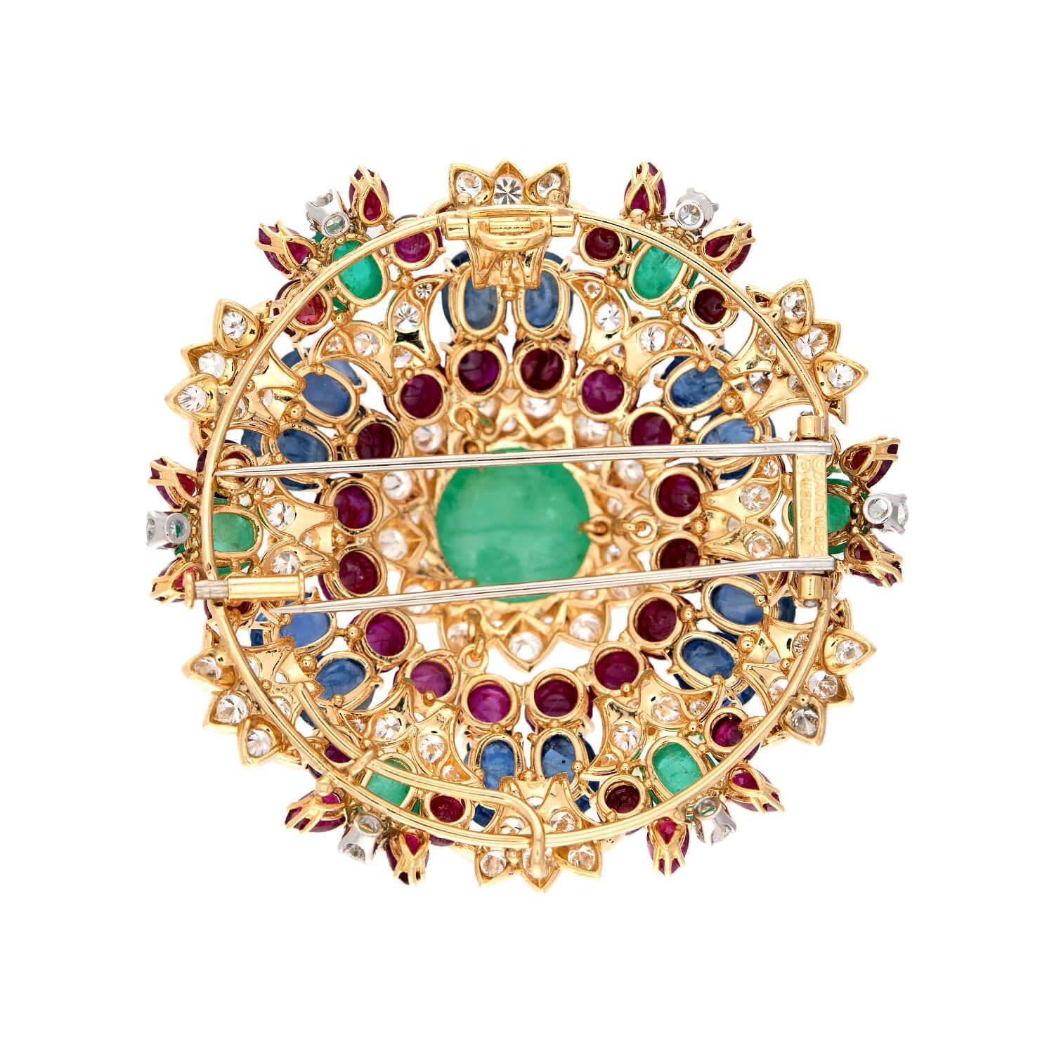 DAVID WEBB Estate 18k Emerald, Diamond, Sapphire, and Ruby Starburst Brooch