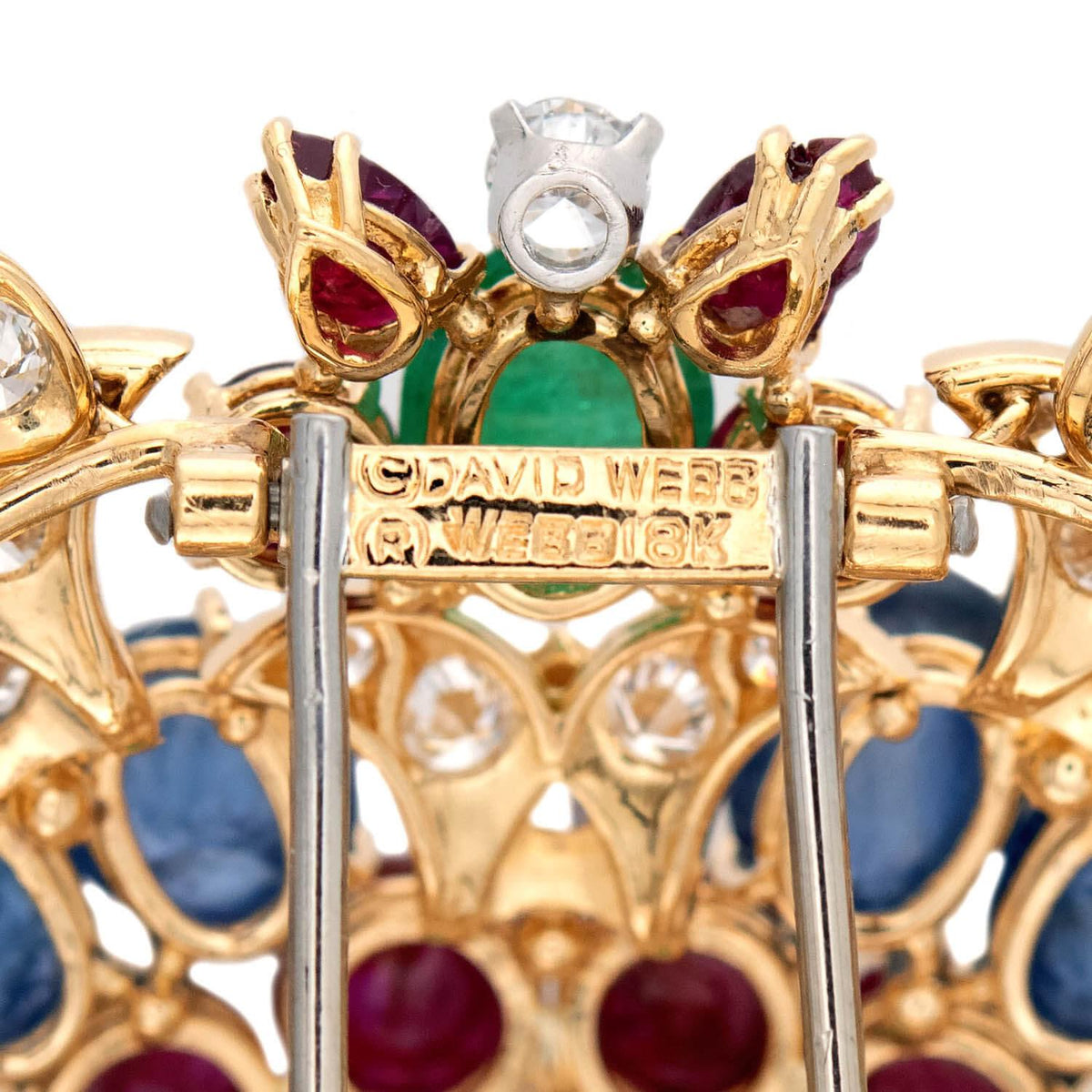 DAVID WEBB Estate 18k Emerald, Diamond, Sapphire, and Ruby Starburst Brooch