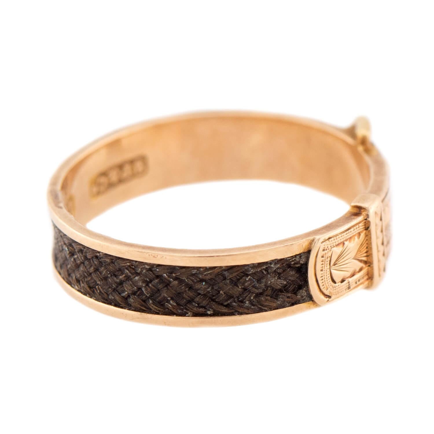 Victorian English 15k Woven Hair Buckle-Motif Mourning Ring