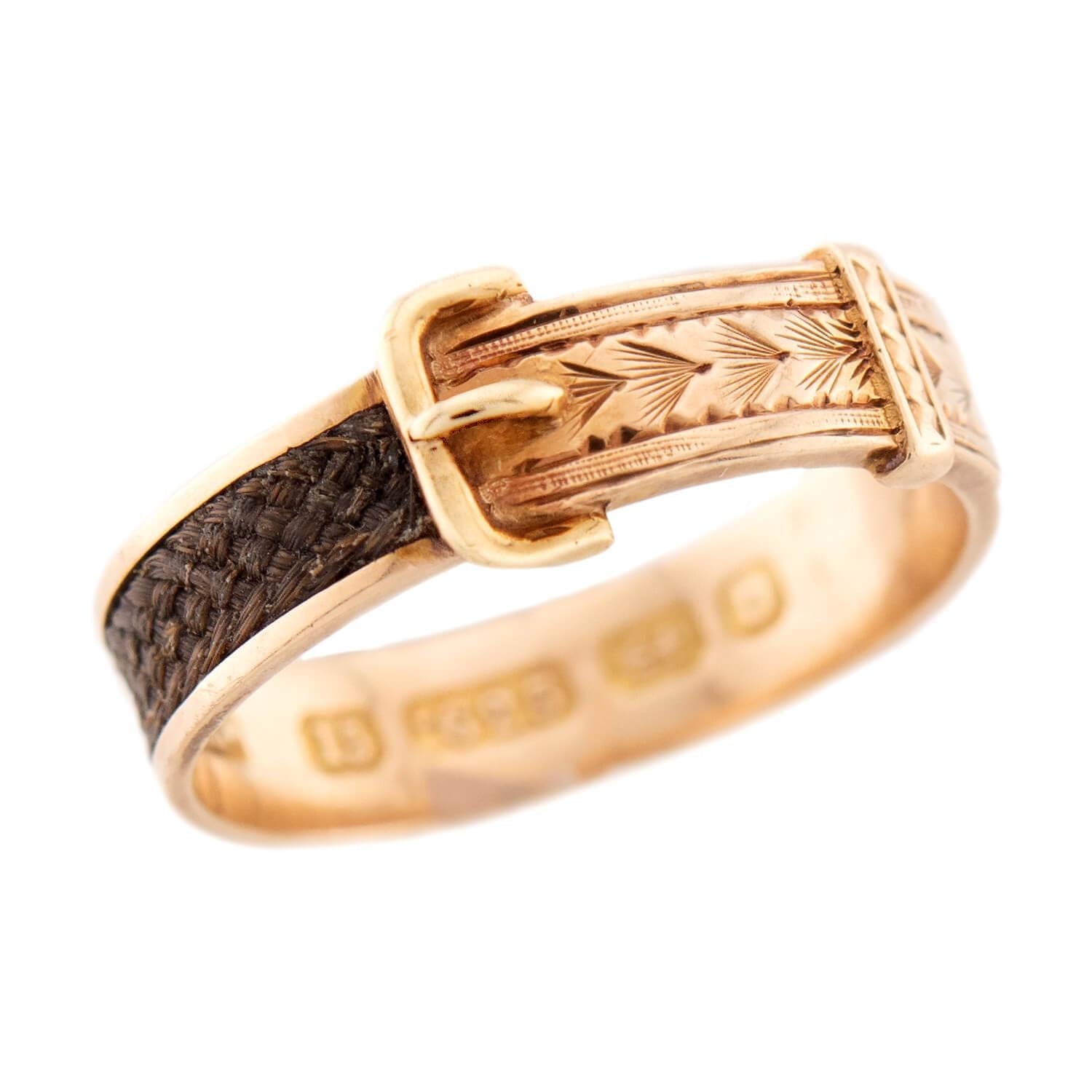 Victorian English 15k Woven Hair Buckle-Motif Mourning Ring