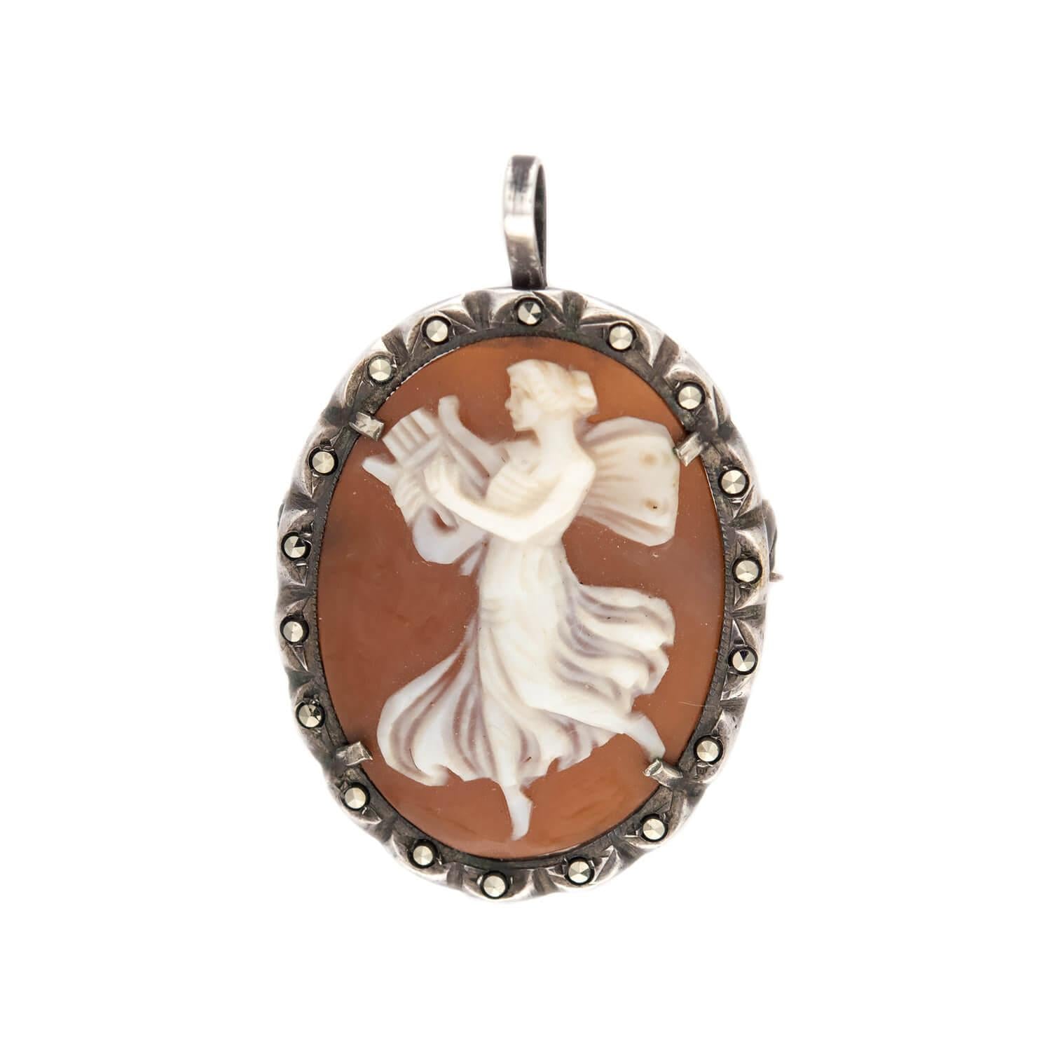 Victorian Sterling Silver Marcasite Cameo Pin/Pendant