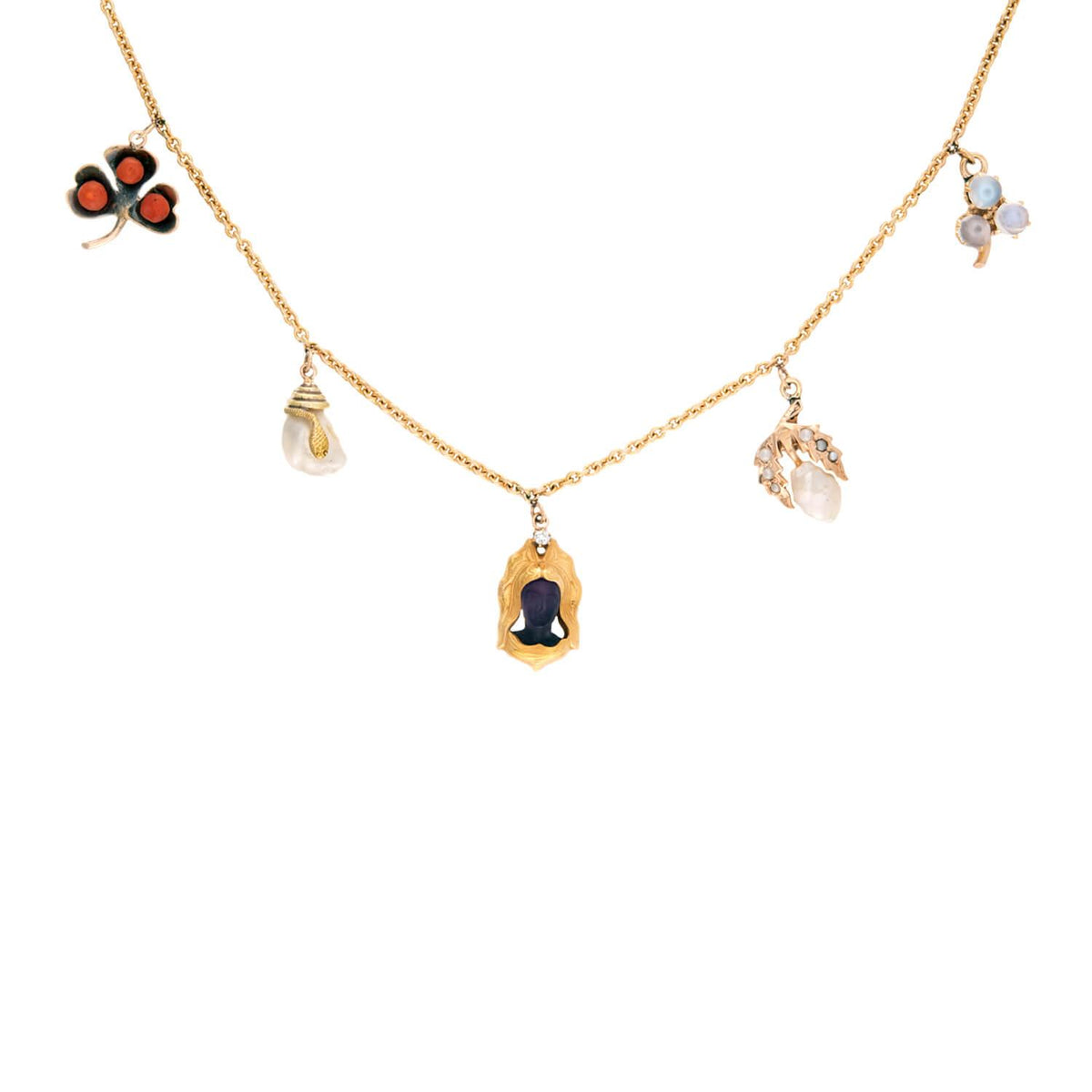 Victorian 14k Coral, Pearl, Amethyst, and Moonstone Charm Necklace