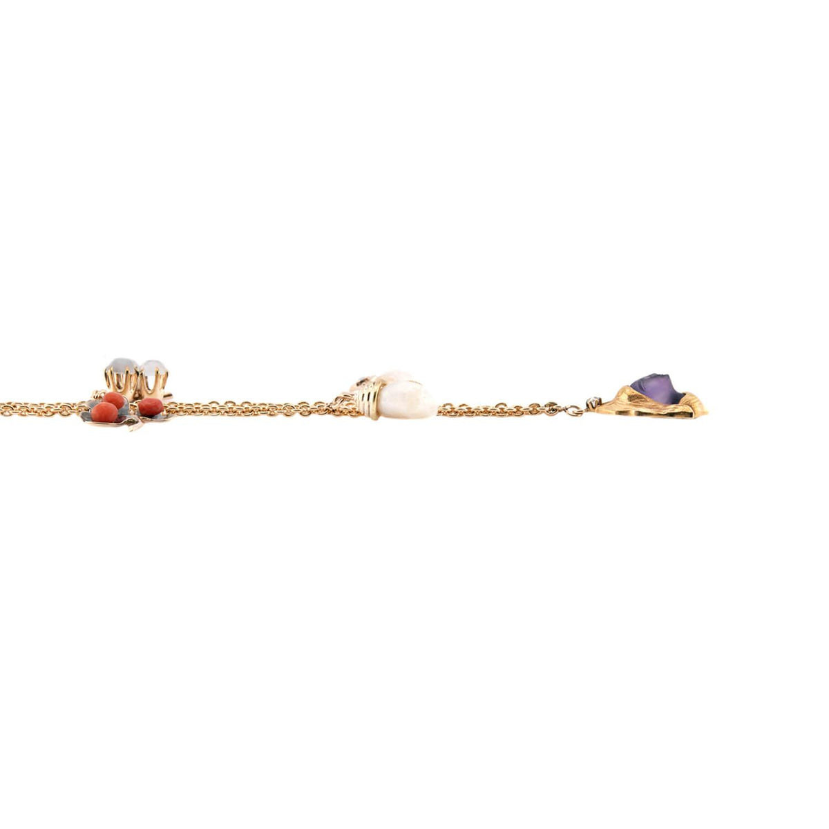 Victorian 14k Coral, Pearl, Amethyst, and Moonstone Charm Necklace