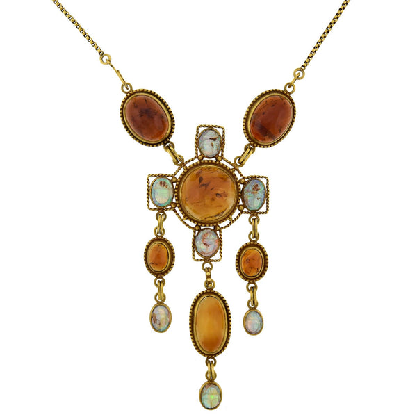 Art Nouveau Egyptian Revival 14kt Amber + Carved Opal Scarab Necklace