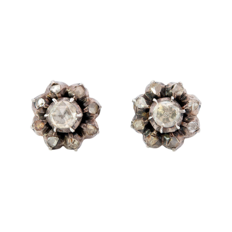 Victorian 14k/Sterling Silver Diamond Cluster Stud Earrings