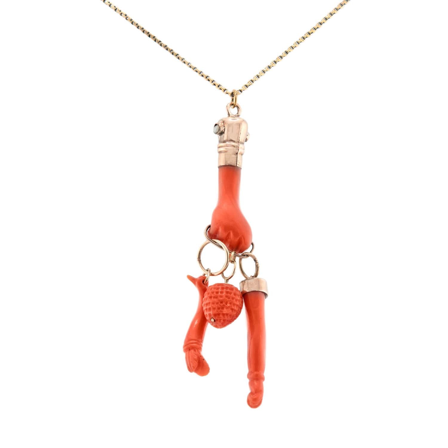 Victorian 18k Coral Figa Charm Pendant Necklace