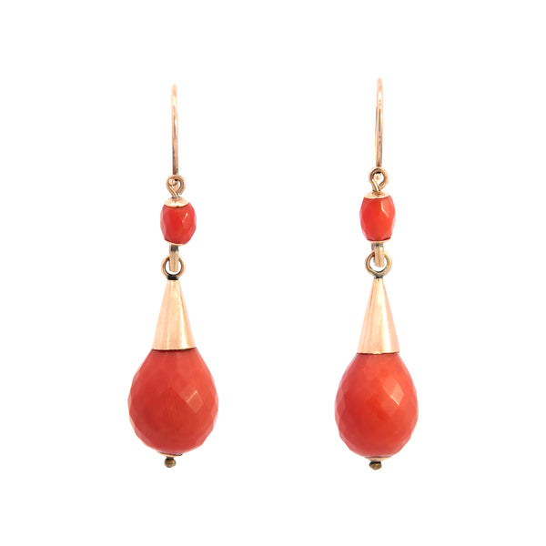 Victorian 18k Faceted Coral Dangle Earrings