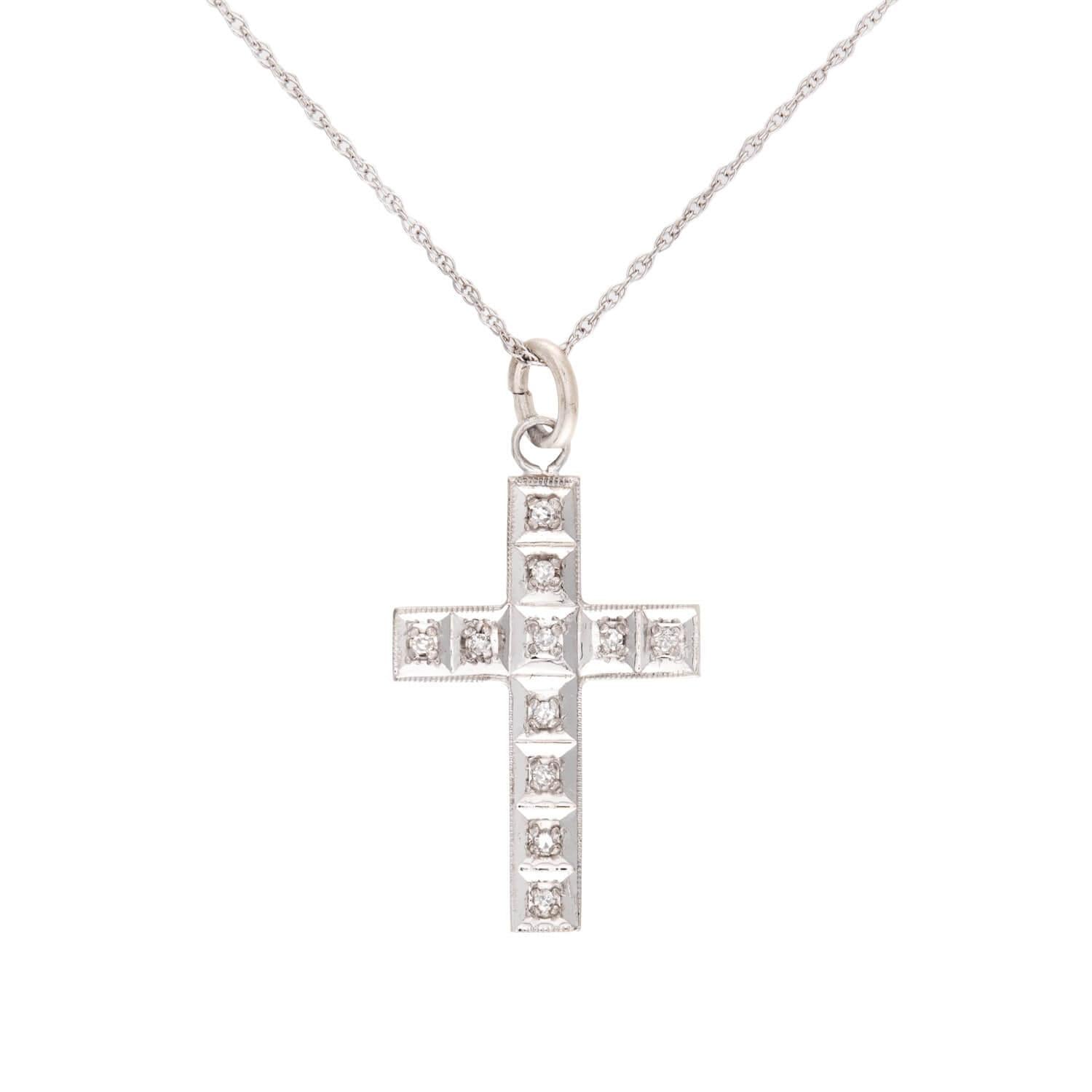 Art Deco 14k Diamond Cross Pendant Necklace