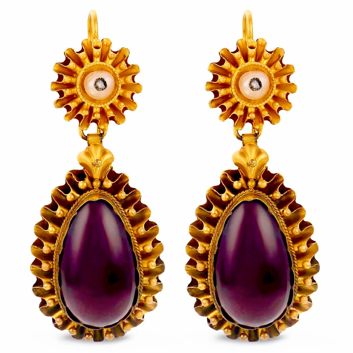 Victorian 18k Pearl, Diamond, & Garnet Drop Earrings