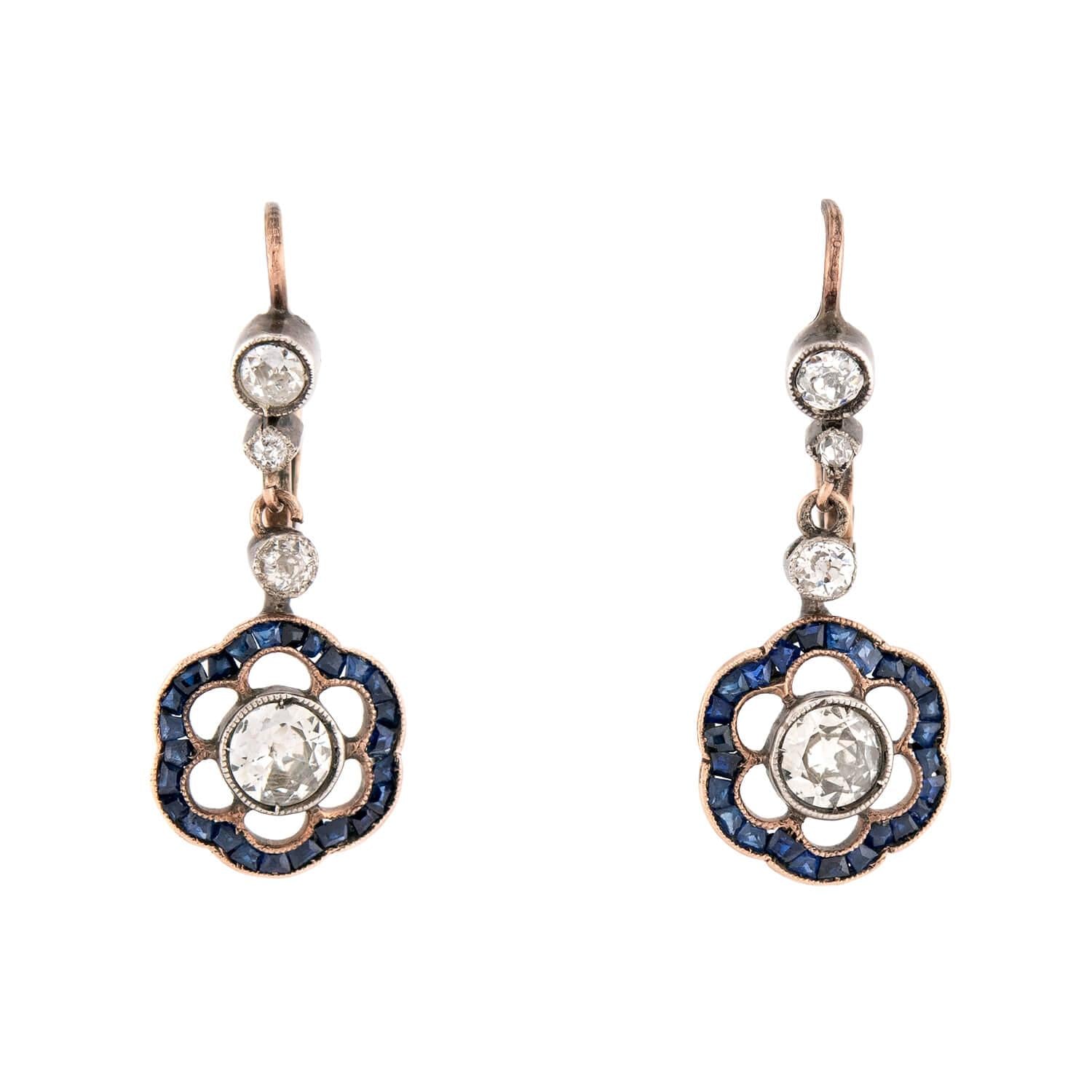 Edwardian 14k/Sterling Silver Diamond & Sapphire Floral-Motif Dangle Earrings