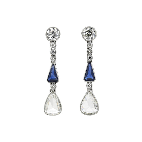 Art Deco Platinum 2.90ctw Diamond + Sapphire Dangle Earrings