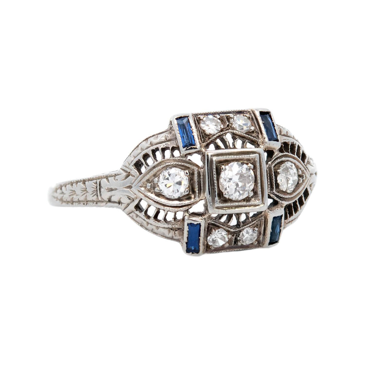 Art Deco 18k Diamond and Sapphire Filigree Ring
