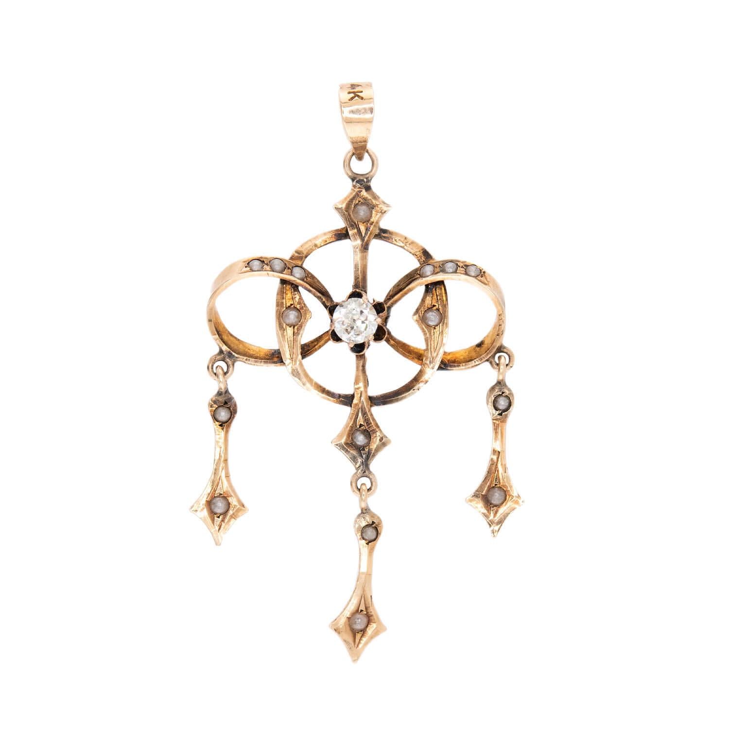 Edwardian 14k Diamond and Pearl Lavalier Pendant