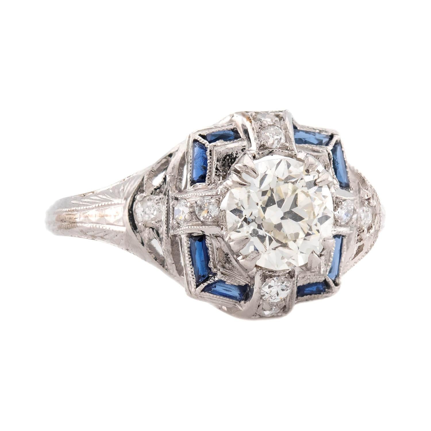 Art Deco Platinum Diamond and Sapphire Engagement Ring 1.62ct