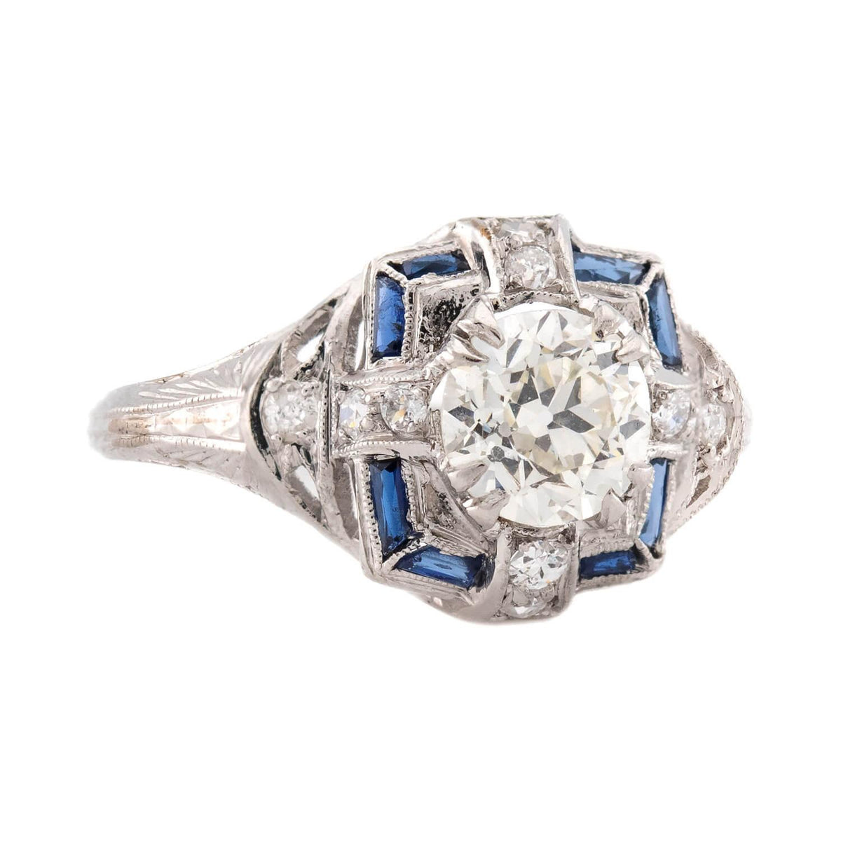 Art Deco Platinum Diamond and Sapphire Engagement Ring 1.62ct