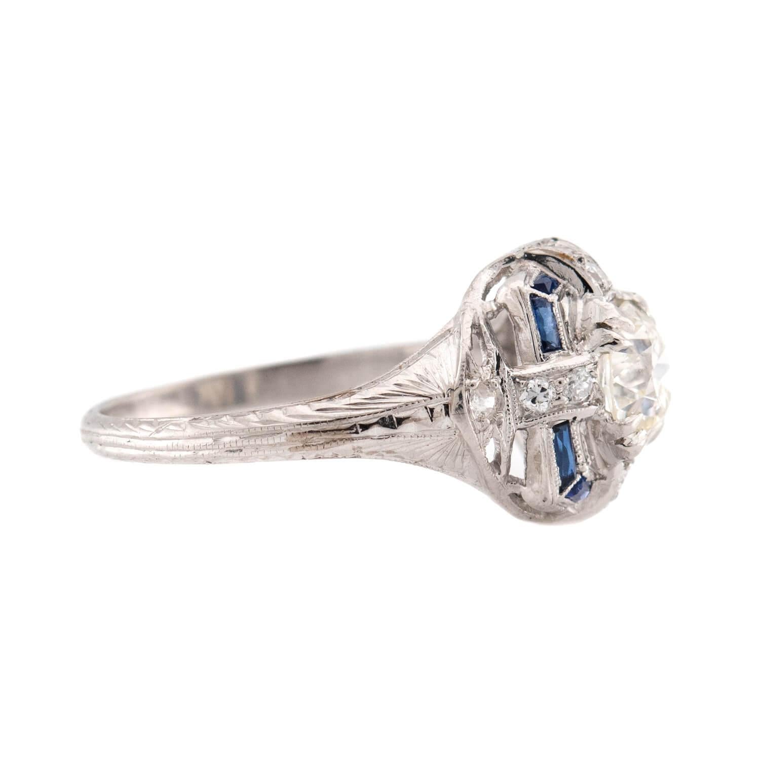 Art Deco Platinum Diamond and Sapphire Engagement Ring 1.62ct