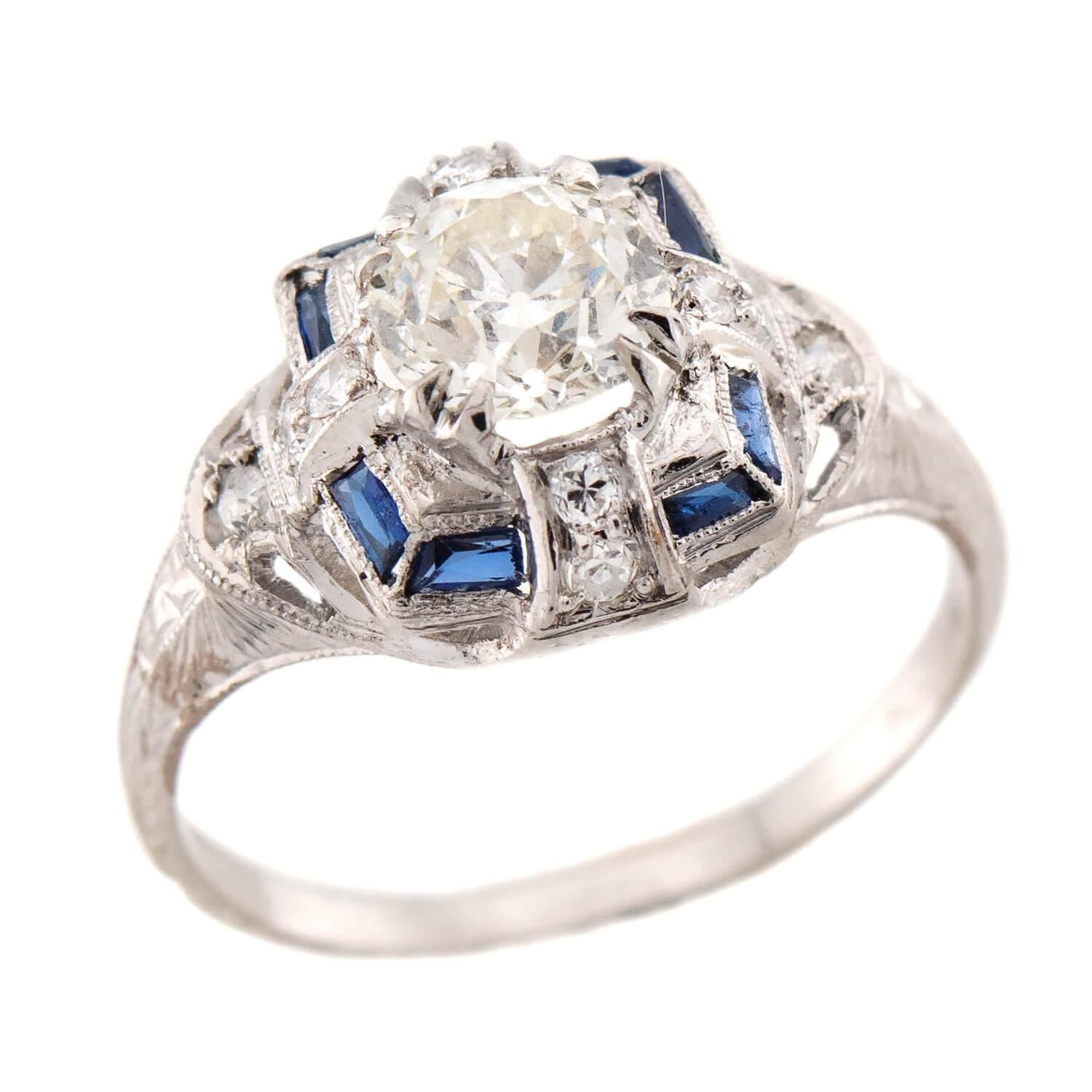 Art Deco Platinum Diamond and Sapphire Engagement Ring 1.62ct