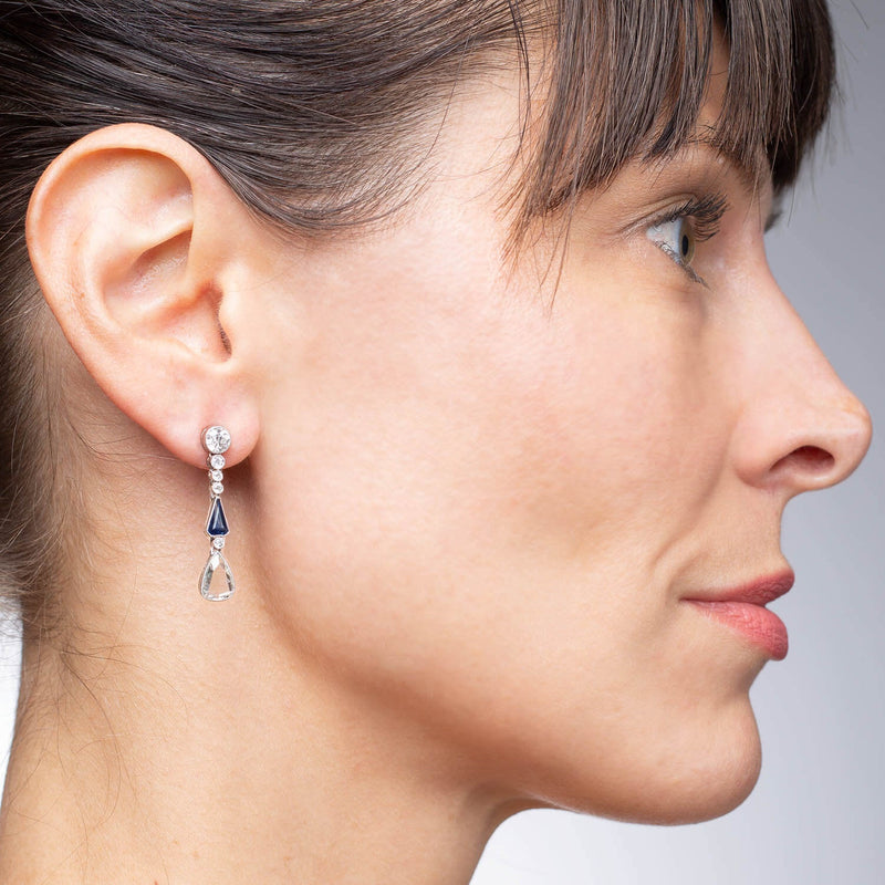Art Deco Platinum 2.90ctw Diamond + Sapphire Dangle Earrings