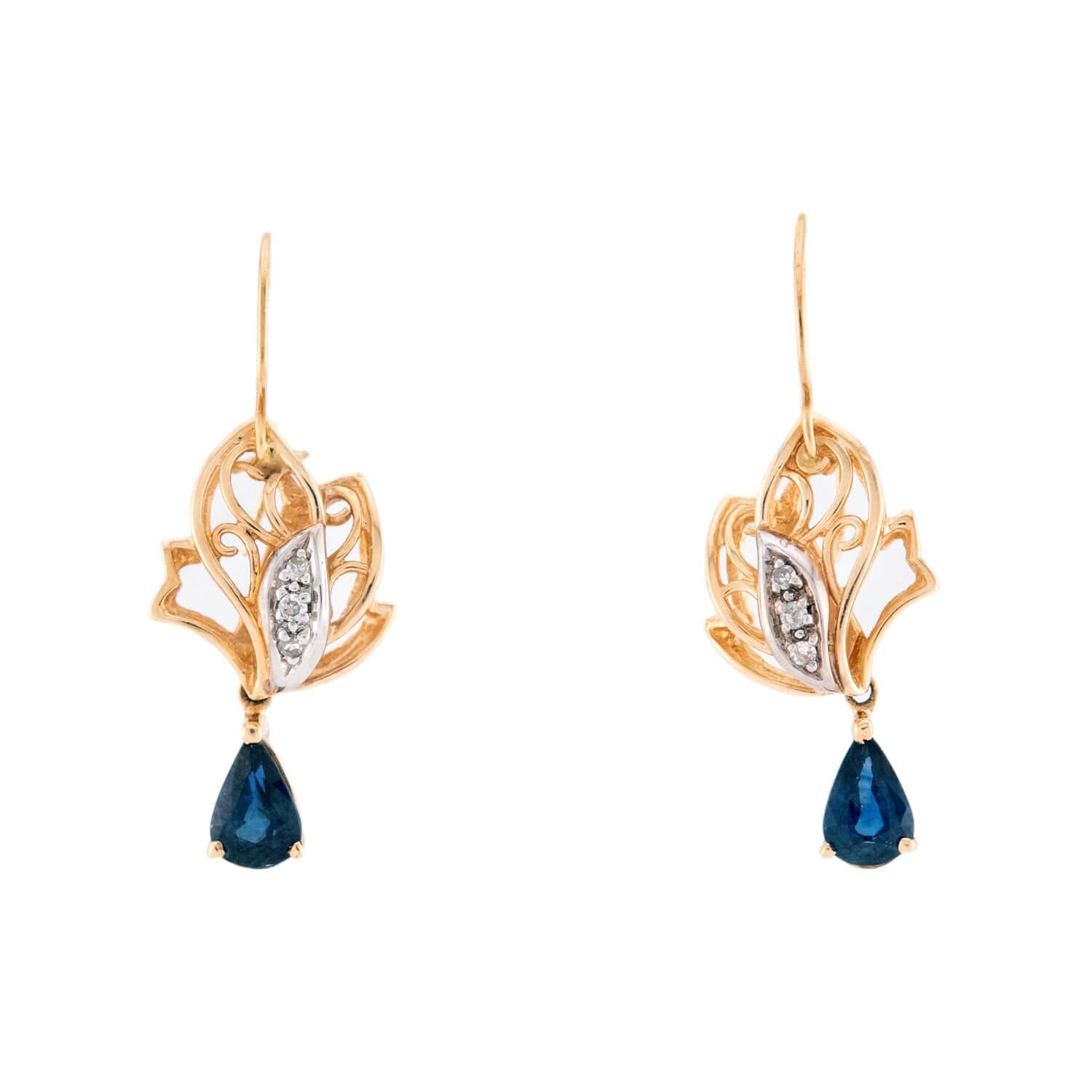 Estate 14k Diamond & Sapphire Floral-Motif Dangle Earrings
