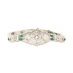 Art Deco 14k Diamond and Synthetic Emerald Filigree Belly Line Bracelet