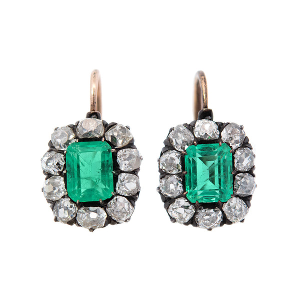Victorian 15kt/Sterling Silver GIA Colombian Emerald & Diamond Cluster Earrings 4ctw+