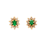 Estate 14k Emerald and Diamond Halo Stud Earrings