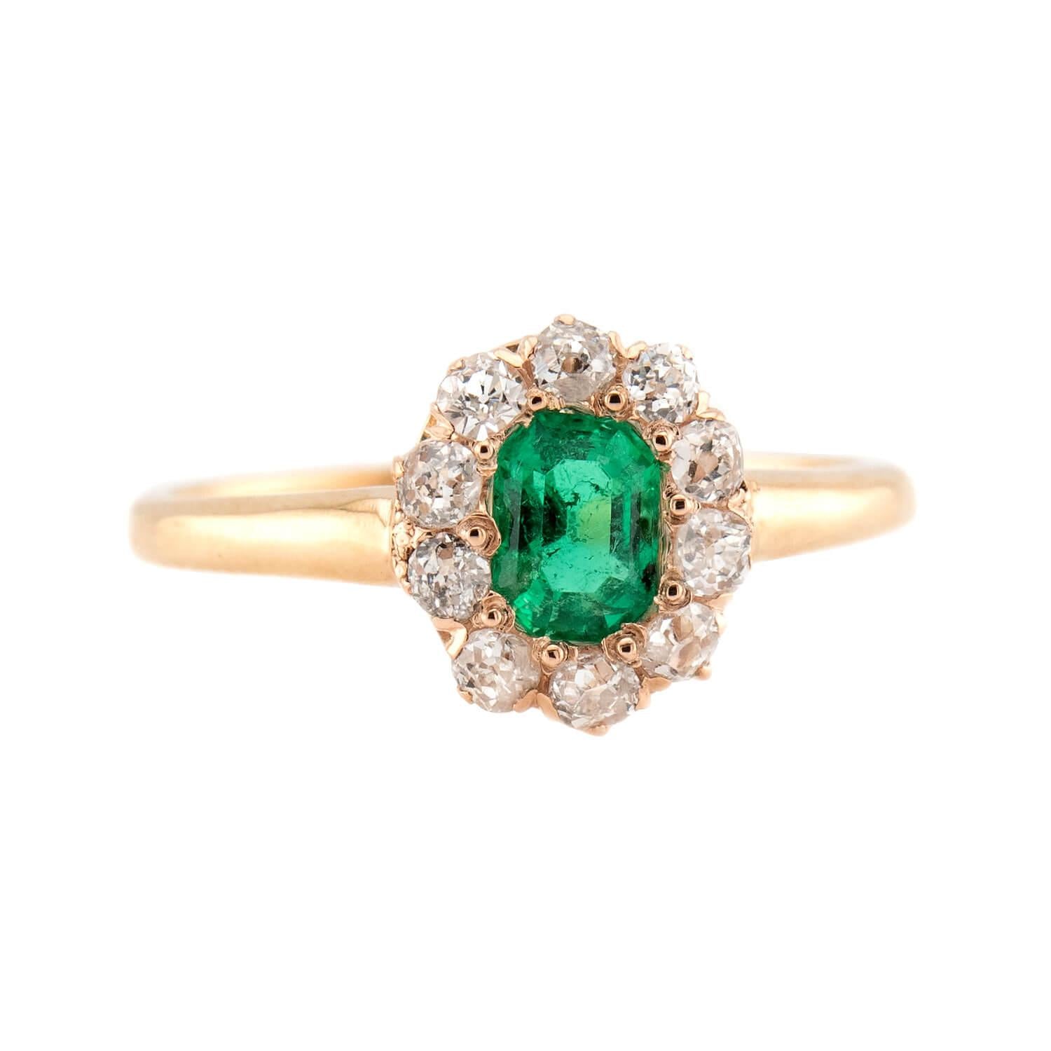Victorian 14k Emerald & Diamond Halo Ring
