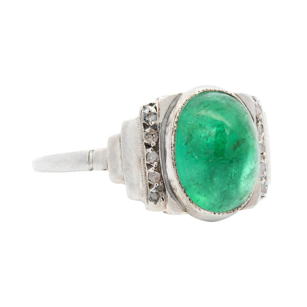 Art Deco Platinum 3.00ct Cabochon Emerald & Rose Cut Diamond Ring