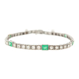 Edwardian Platinum Square Cut Emerald + Diamond Link Bracelet