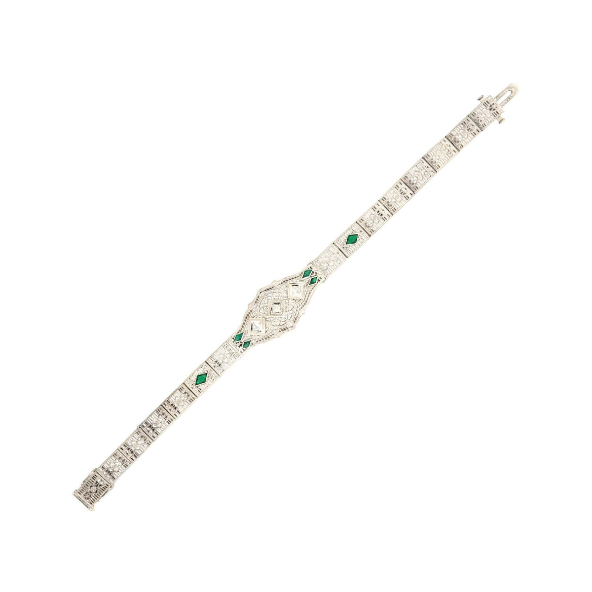 Art Deco 14k Diamond and Synthetic Emerald Filigree Belly Line Bracelet