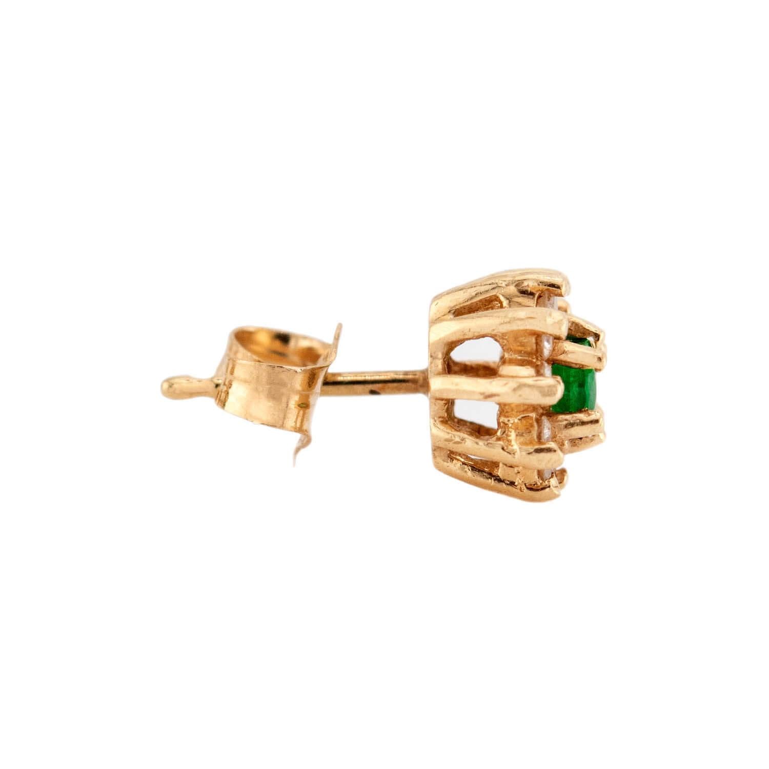 Estate 14k Emerald and Diamond Halo Stud Earrings