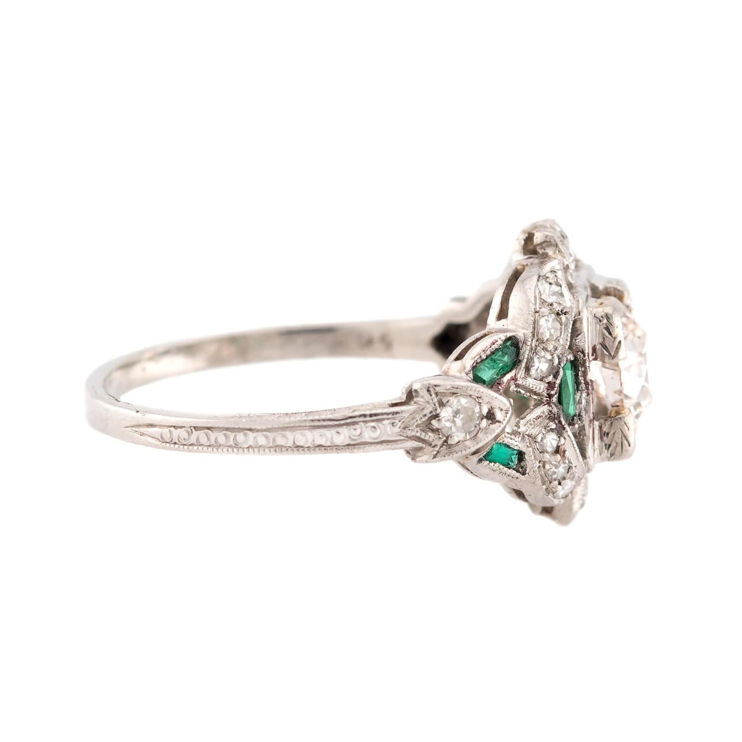 Art Deco Platinum Diamond & Emerald Engagement Ring .80ct