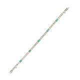 Edwardian Platinum Square Cut Emerald + Diamond Link Bracelet