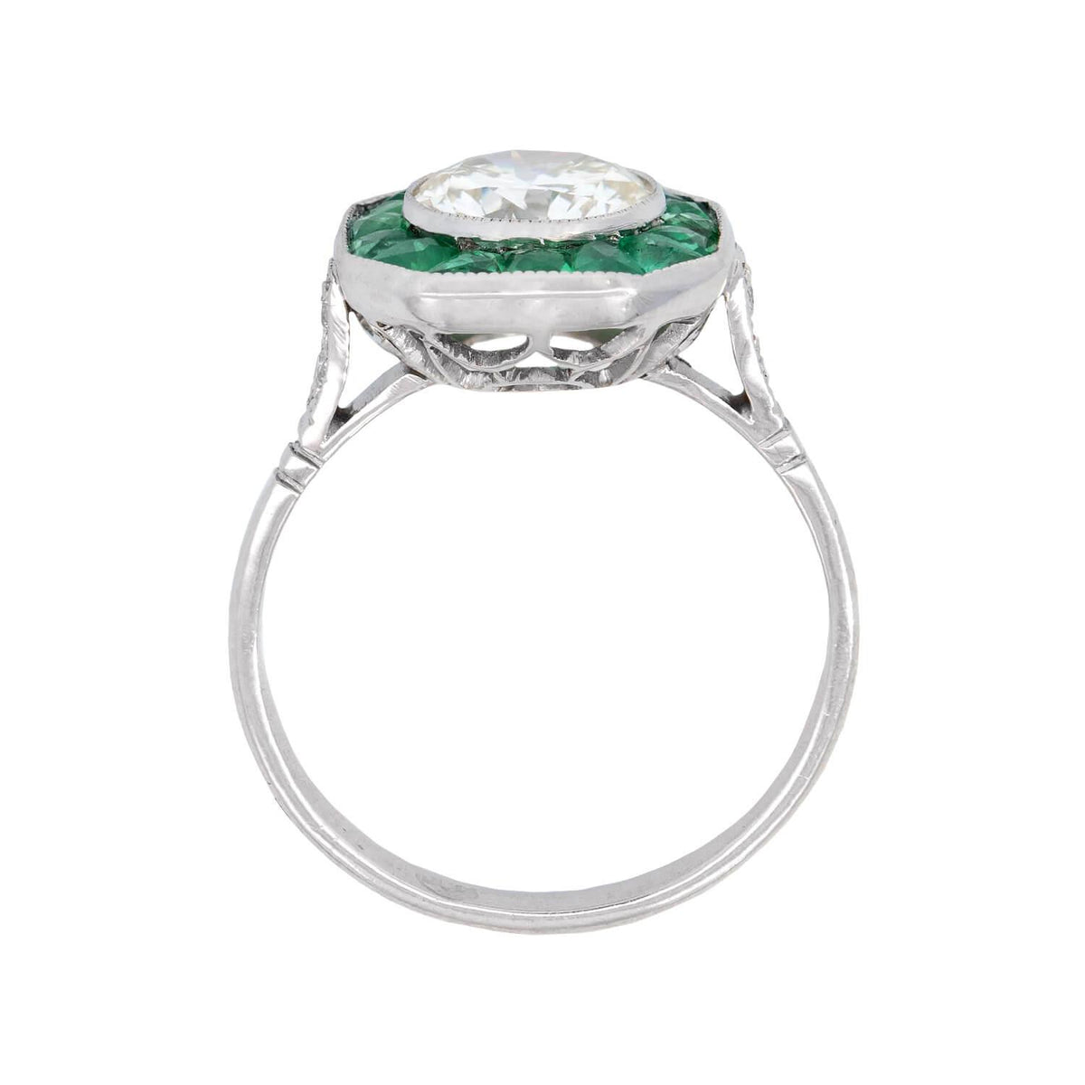 Art Deco Platinum Diamond and Emerald Halo Engagement Ring 1.50ct