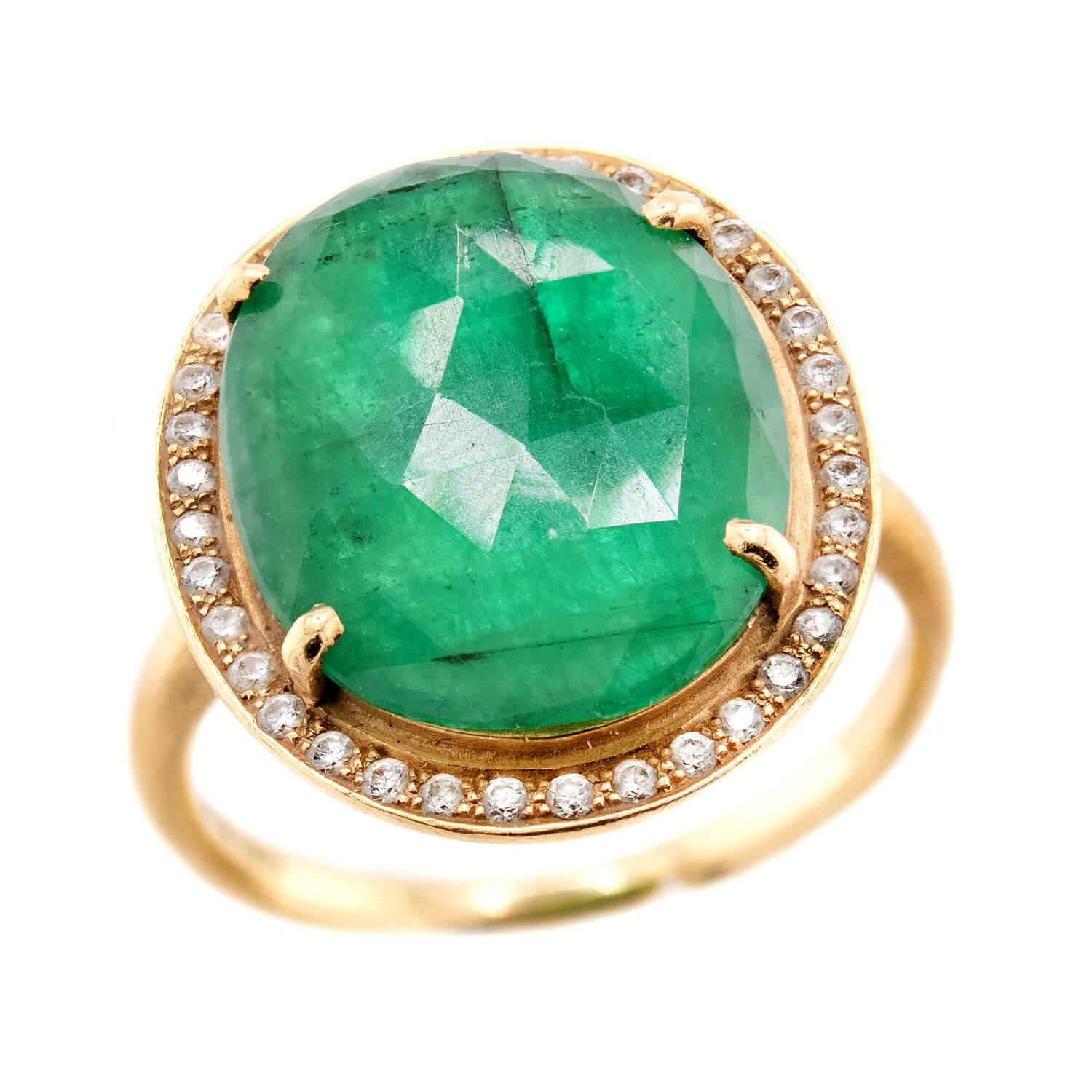 Estate 18k Emerald and Diamond Halo Ring