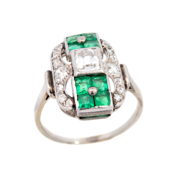 Art Deco 18k Emerald & Diamond Engagement Ring