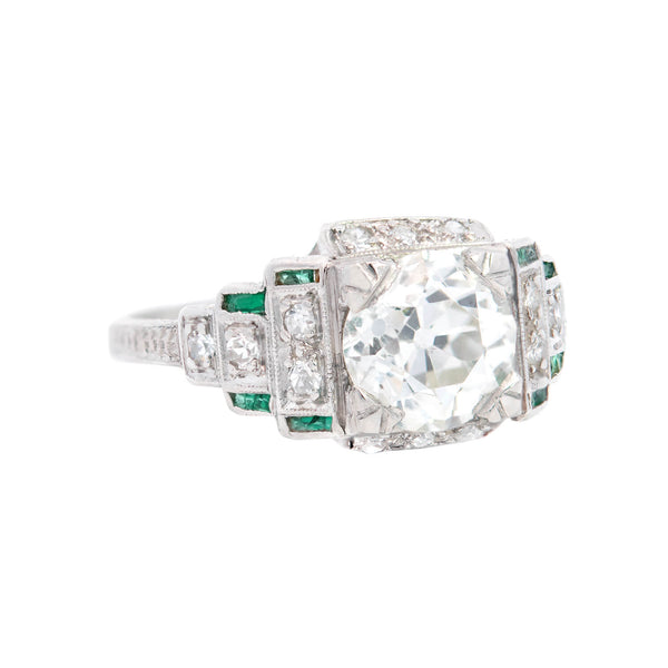 Art Deco Platinum Emerald & Diamond Step Up Engagement Ring 1.44ct