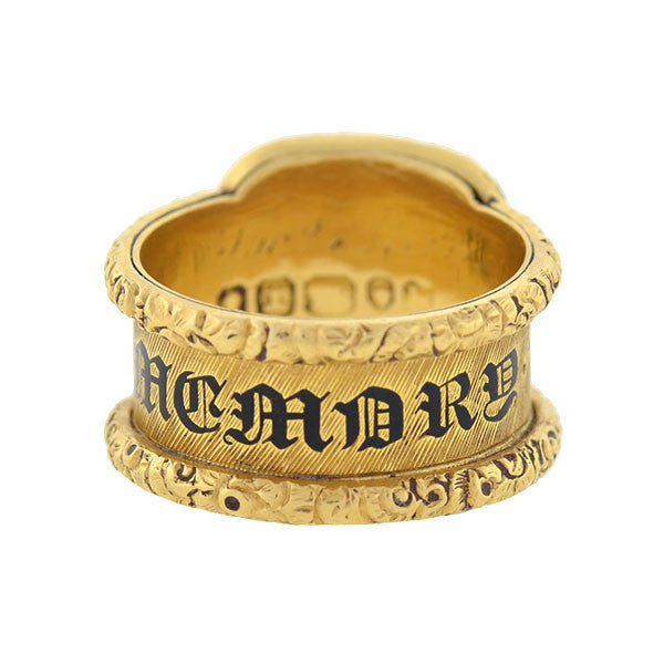 Georgian 18kt Enameled Glass Window Repousse Mourning Ring