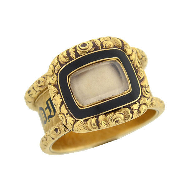 Georgian 18kt Enameled Glass Window Repousse Mourning Ring