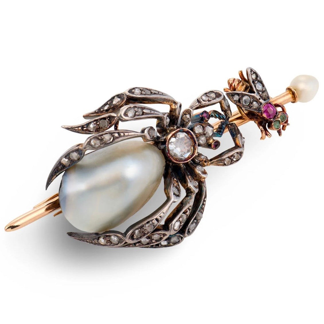 Victorian 18k/Sterling Silver Pearl, Diamond, & Ruby Spider & Fly-Motif Pendant