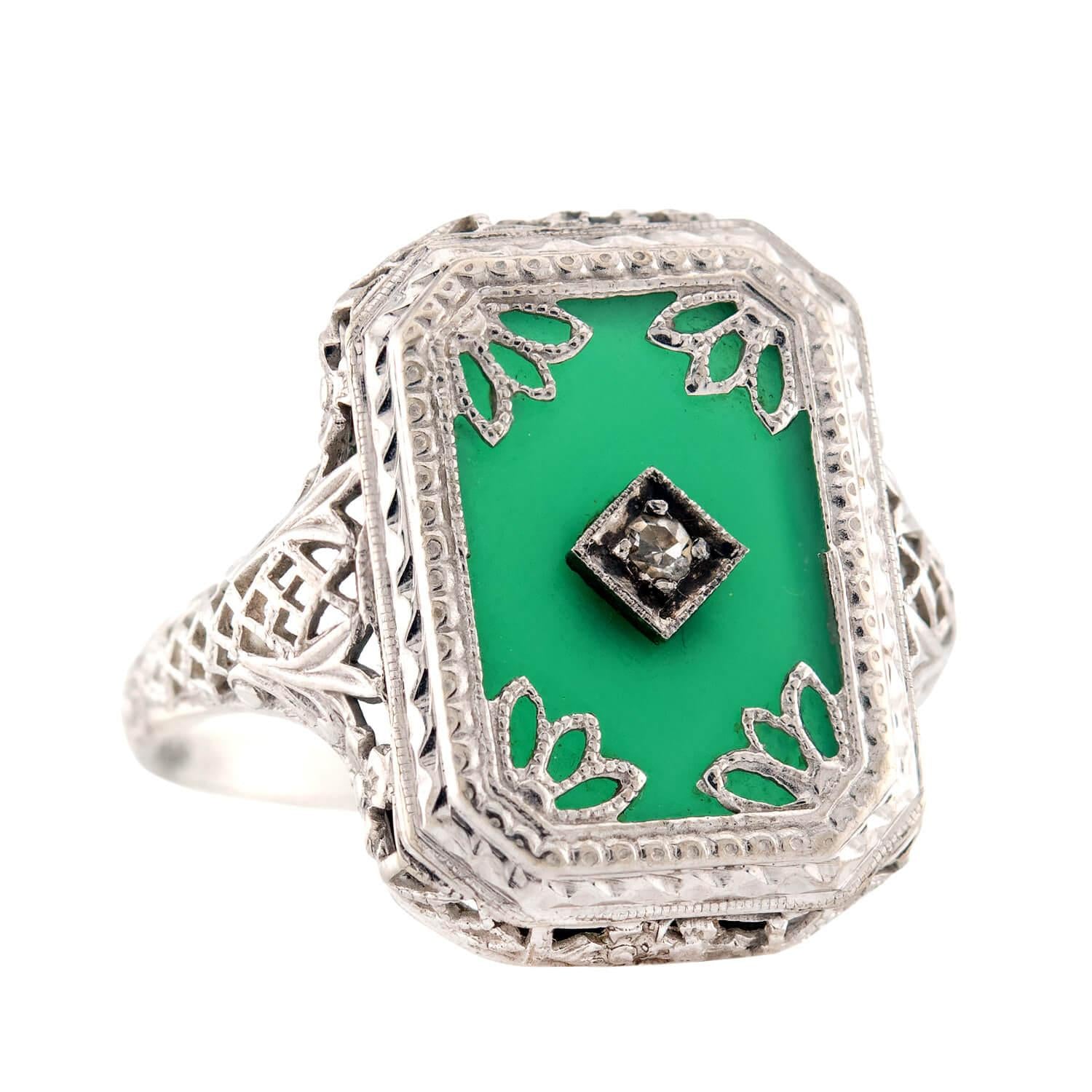 Art Deco 14k Chrysoprase and Diamond Ring