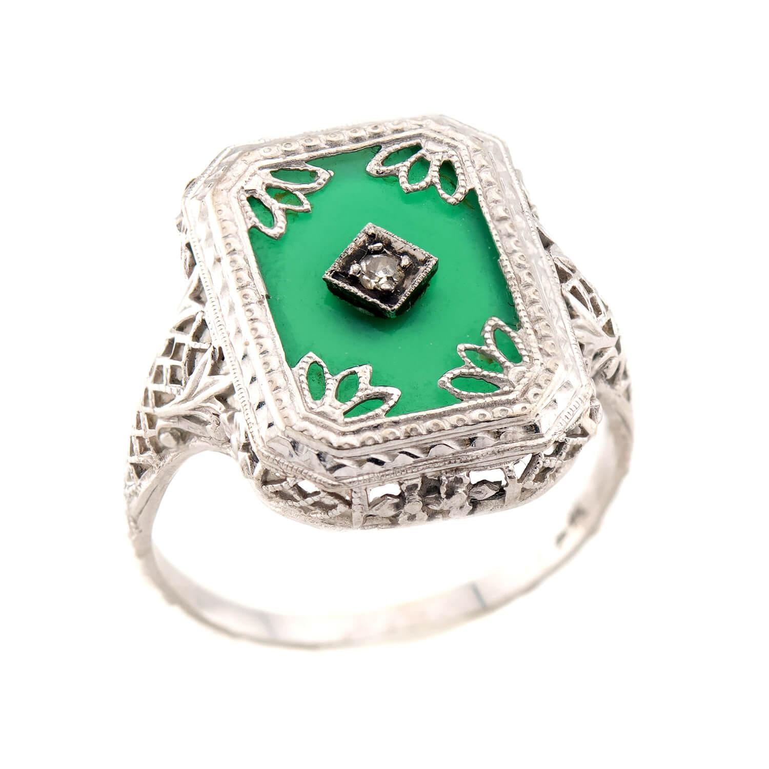 Art Deco 14k Chrysoprase and Diamond Ring