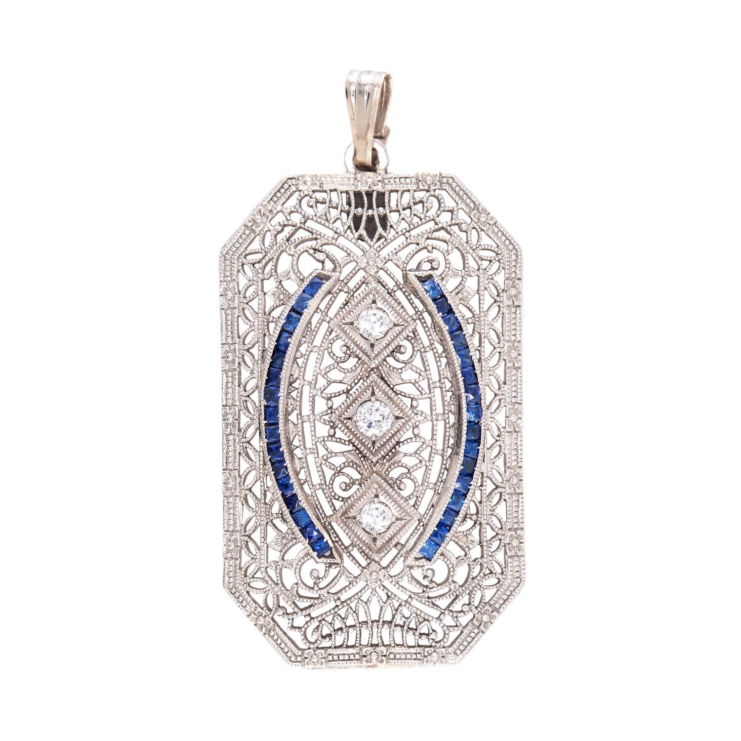 Art Deco 14k Diamond and Sapphire Filigree Pendant